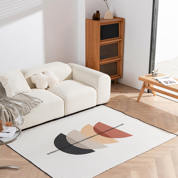 Geometric flat-woven living room rug with stripe and tile pattern