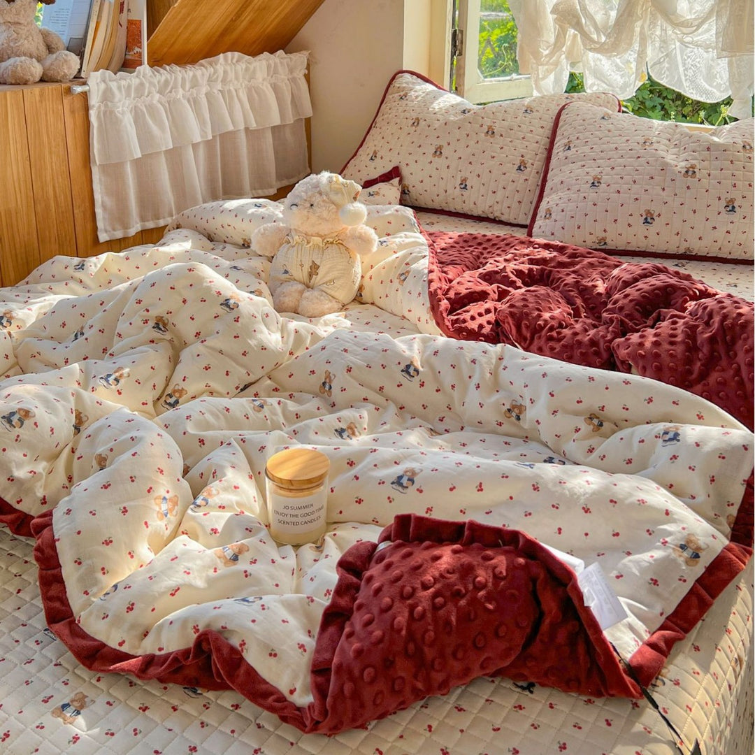 Children's Quilted Reversible Minky-Back Duvet Comforter Set with Ruffled Edge