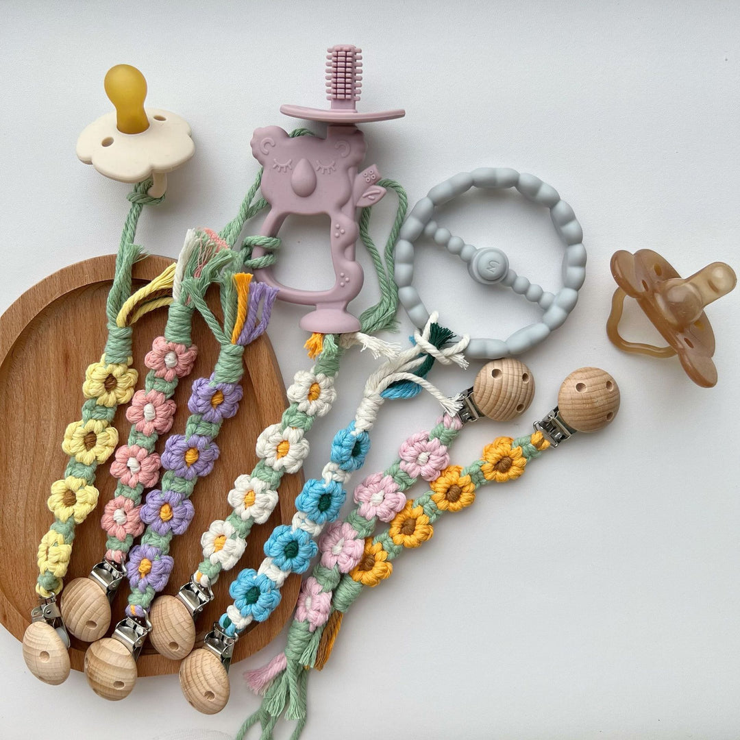 Macramé Flower Pacifier Clip with Wooden Safety Clamp
