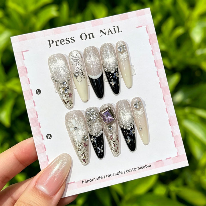 Decorative Press-On Nail Set with Gem Accents  1791774365