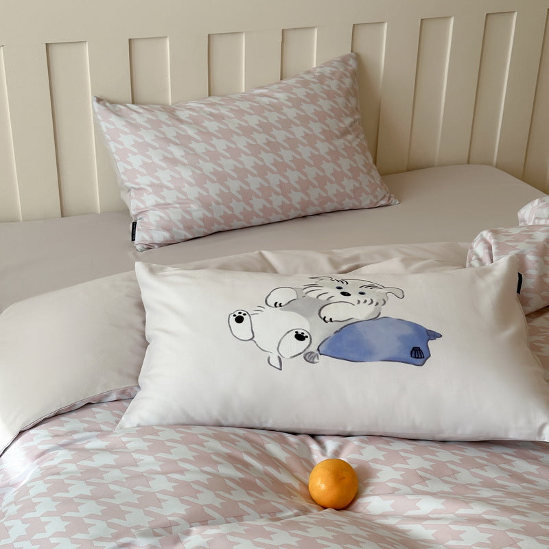 Reversible bedding set made of cotton blend with polka dot pattern and minimalist animal illustration