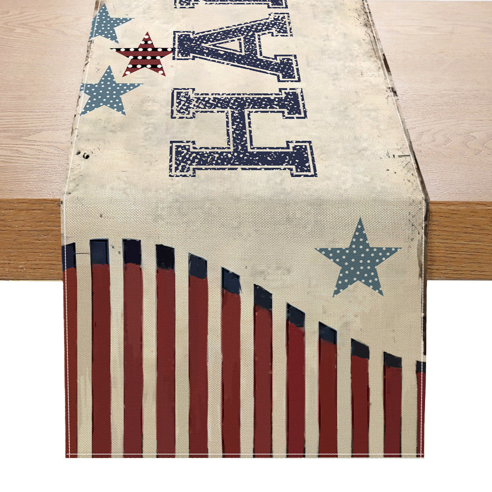 Distressed American Flag Cotton-Linen Table Runner with Patriotic Stars and Stripes Print