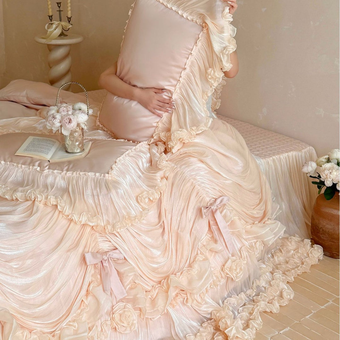 Luxury Ruched Chiffon Ruffled Duvet Cover Set with Bow & Rosette Embellishments