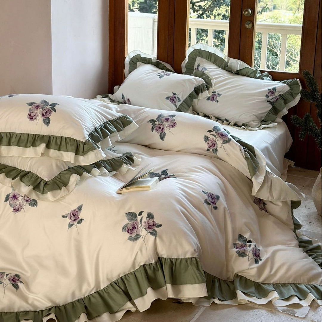 Floral Embroidered Ruffled Cotton Sateen Duvet Cover Set with Double-Layer Ruffle Hem
