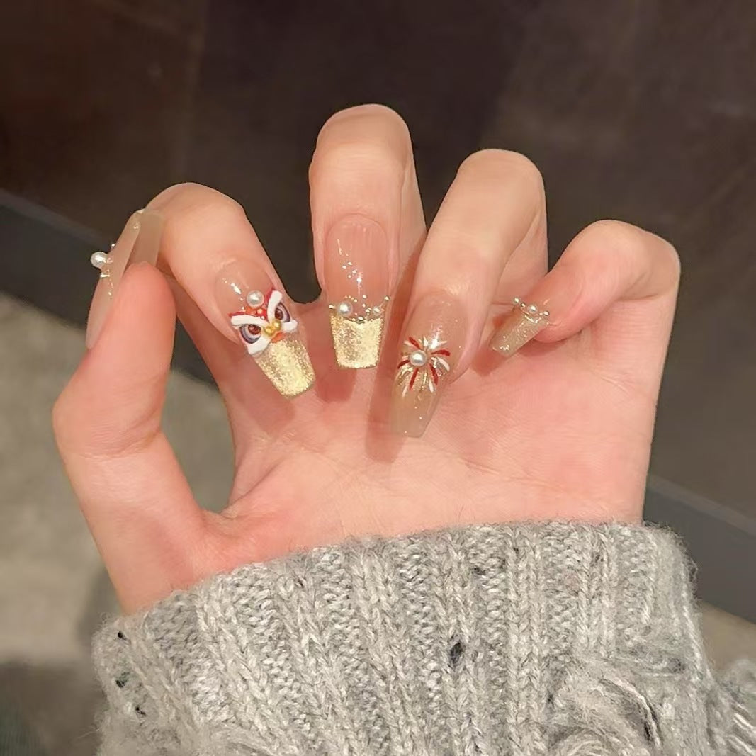 Decorative Press-On Nail Art Set with 3D Floral and Gem Accents