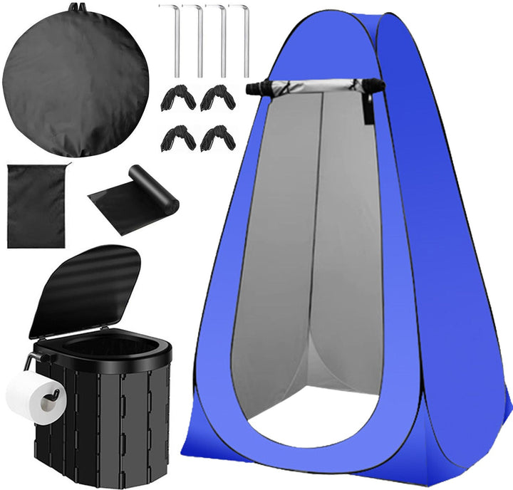 Portable pop-up privacy tent and collapsible camping toilet kit with full accessory set Stornfield