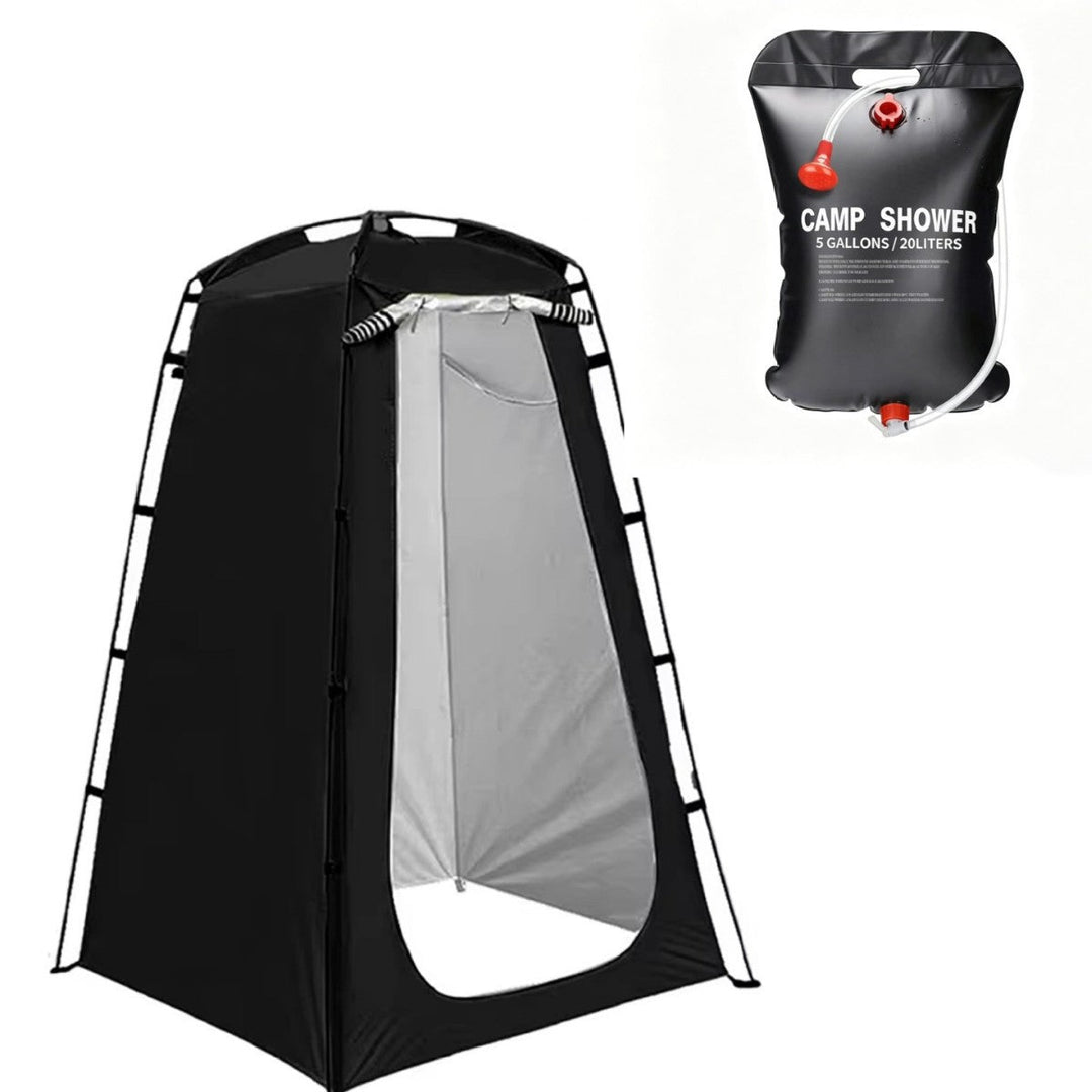 Portable camping shower privacy tent with five gallon solar shower bag and pop up foldable pole system Stornfield