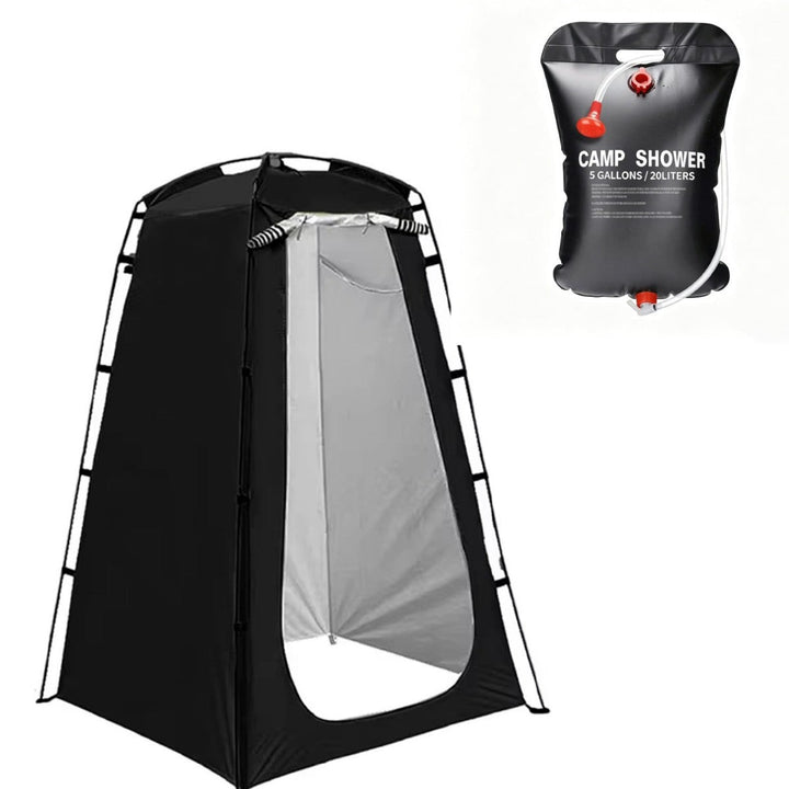 Portable camping shower privacy tent with five gallon solar shower bag and pop up foldable pole system Stornfield