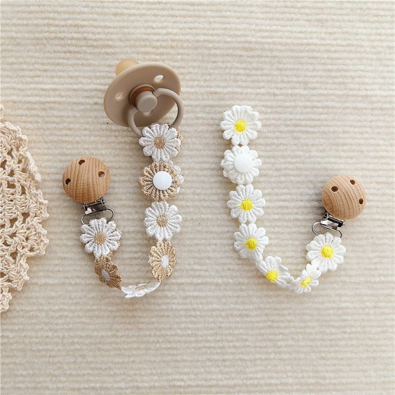 Floral Crochet Pacifier Holder with Wooden Safety Clip