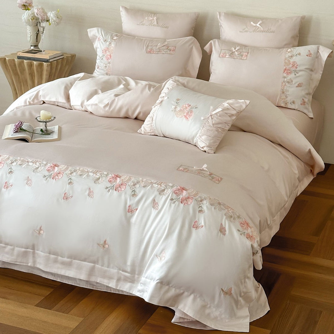 Silk-Feel Embroidered Floral Duvet Cover Set with Ruffled Accent Pillow
