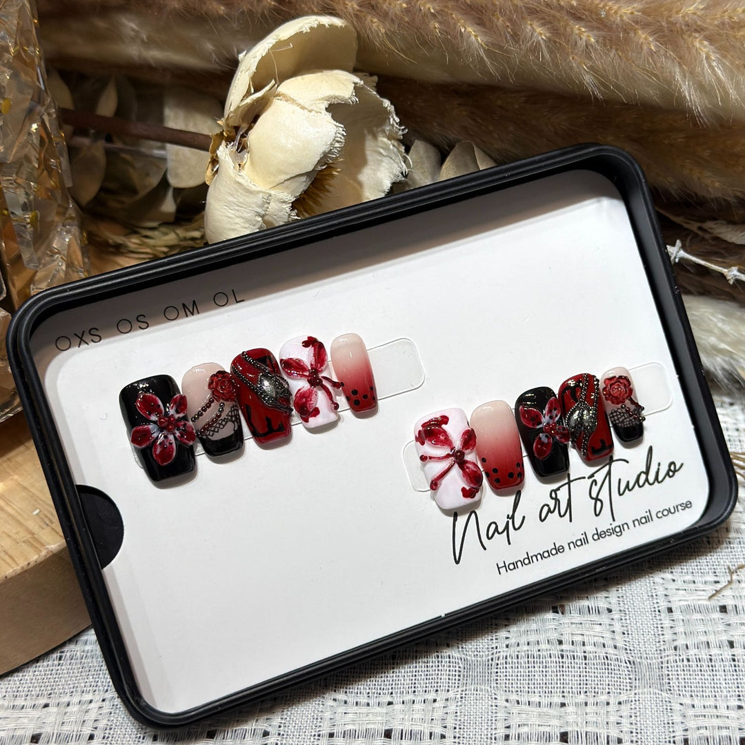 Artistic Nail Decoration Press-On Set with Unique Floral and Gemstone Designs Stornfield