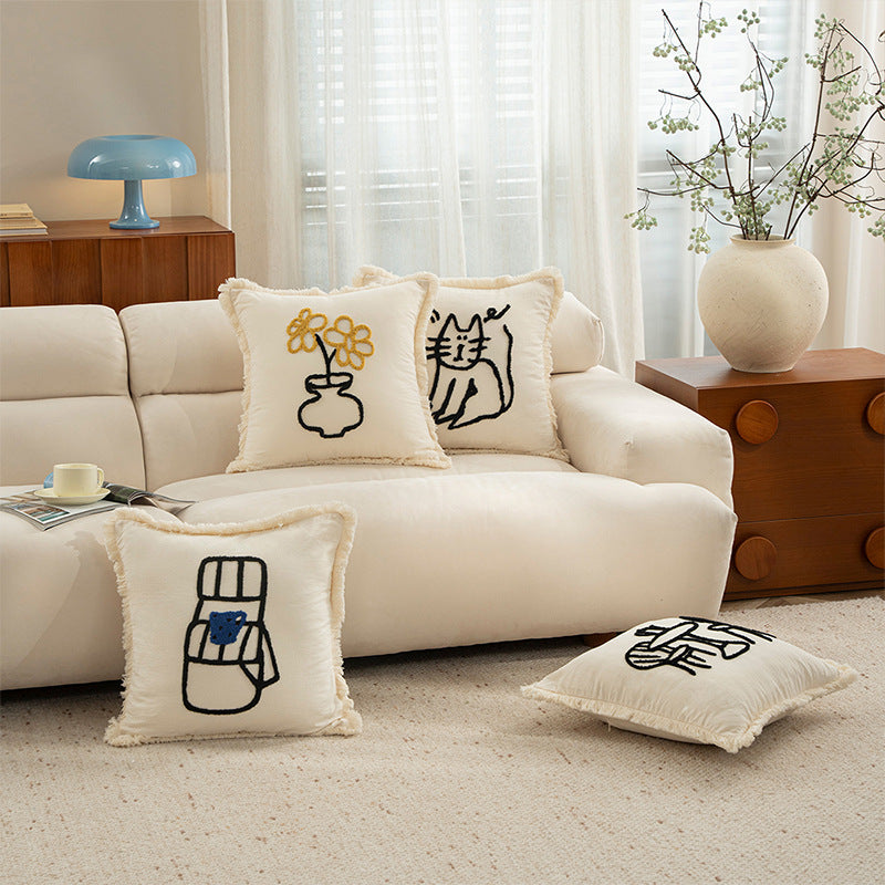 Woven decorative pillow cover with embroidered café motif and decorative fringe edge Stornfield