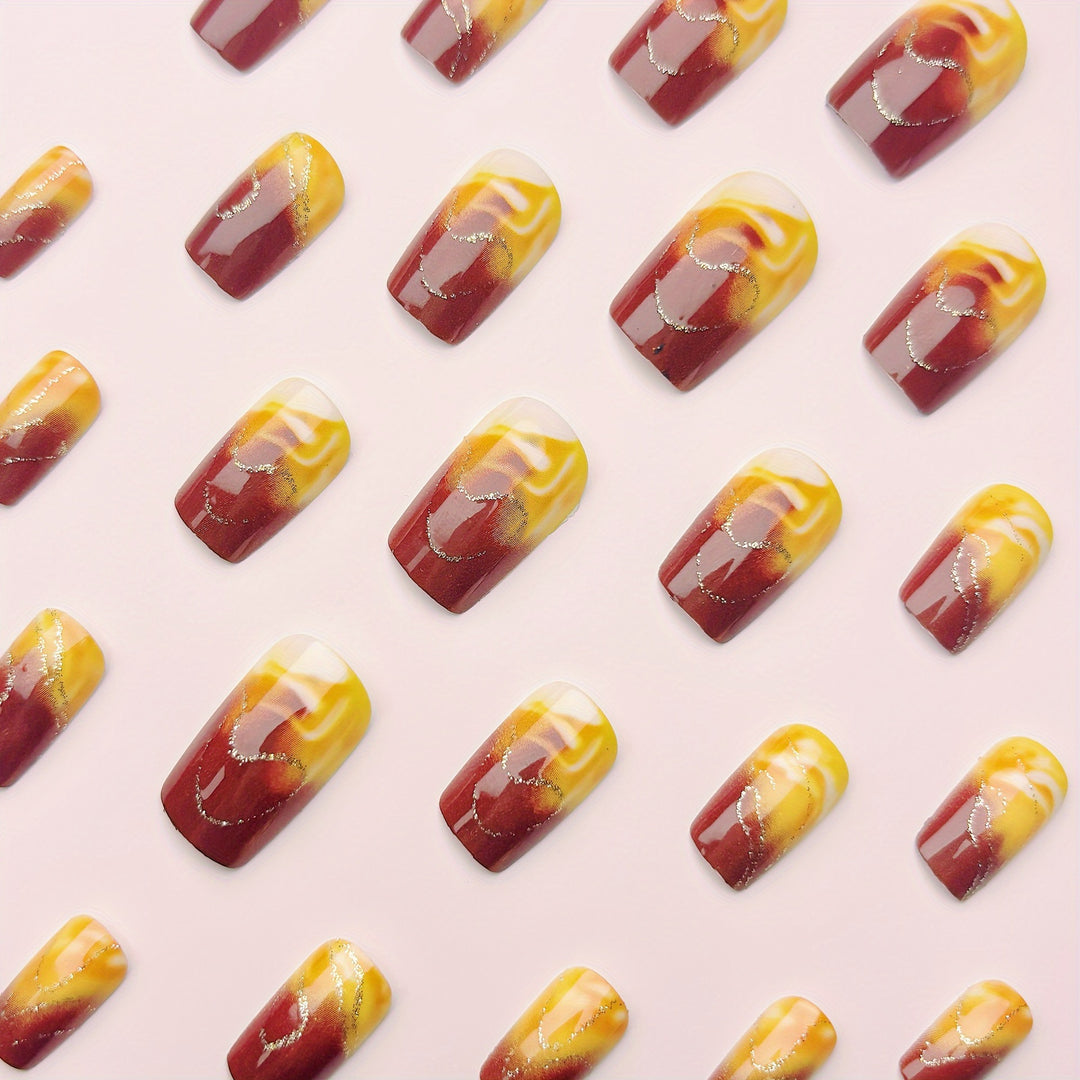 Artificial Nail Set with Marbled Design and Gold Accents Stornfield