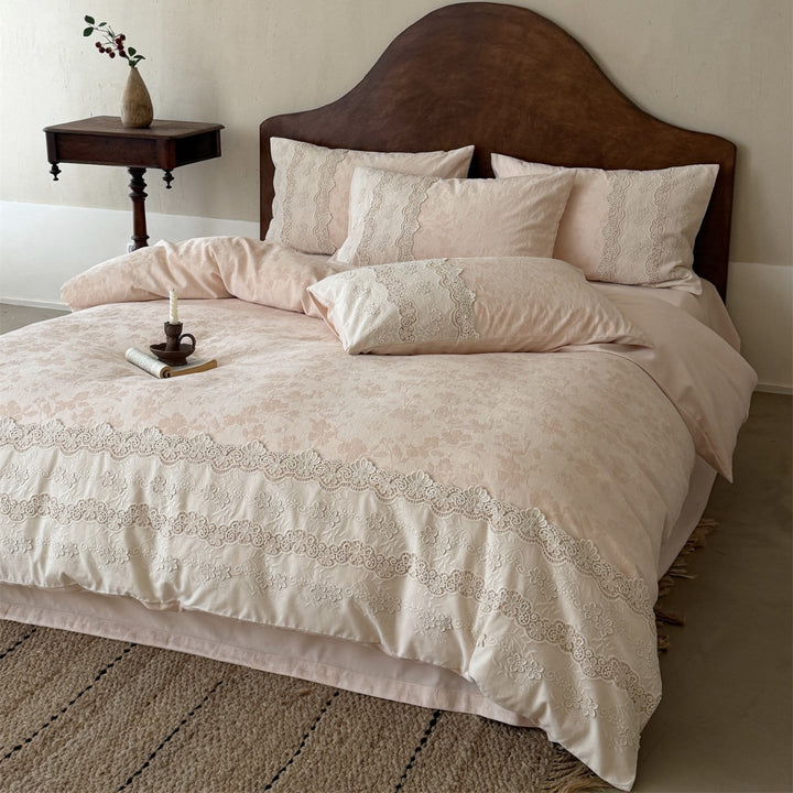 Hand-stitched Floral Jacquard Cotton Duvet Cover Set with Lace Border