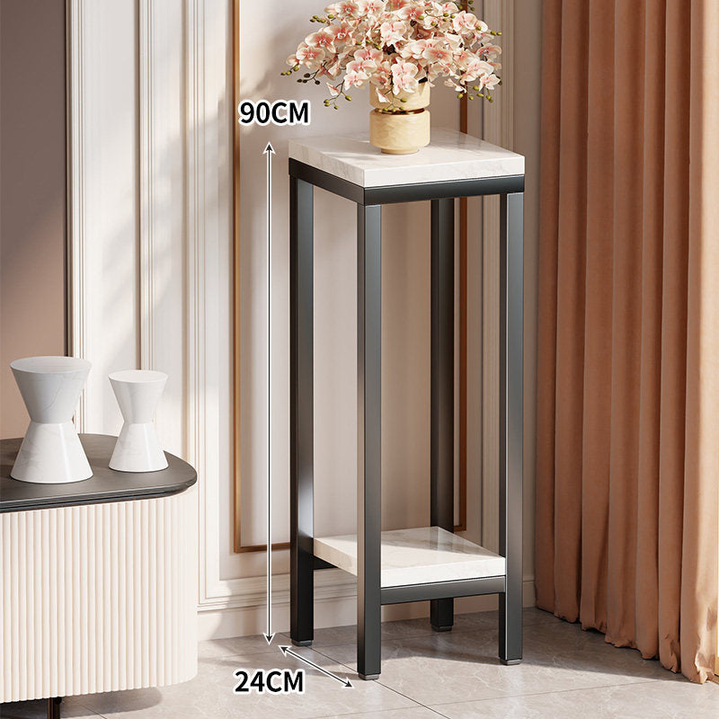 Tall Narrow Marble-Top Plant Stand Side Table with Lower Shelf and Gold Metal Frame