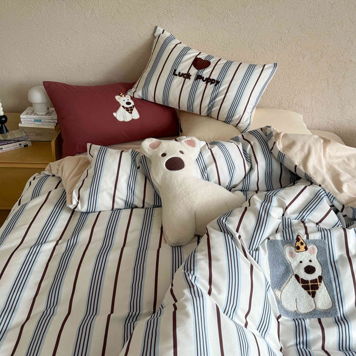 Striped Duvet Cover Set with Embroidered Puppy Appliqué and Matching Pillowcases