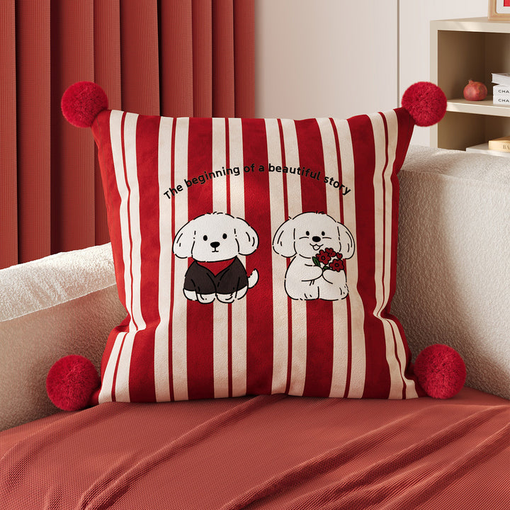 Polka Dot Bouclé Cushion Cover with Faux-Fur Pom-Pom Corners and Gift Bow Motif