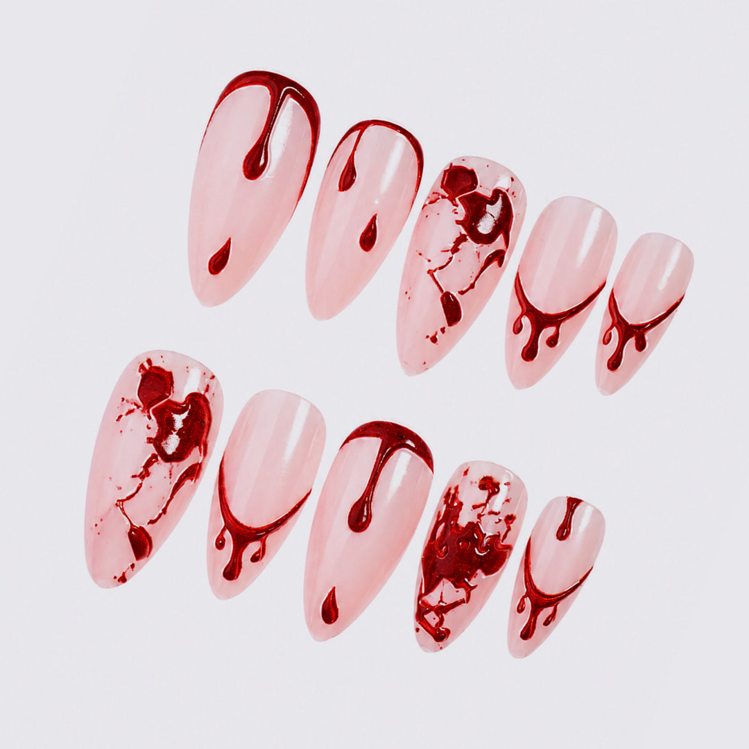 Artistic Press-On Nail Set with Blood Drip and Marble Design Stornfield