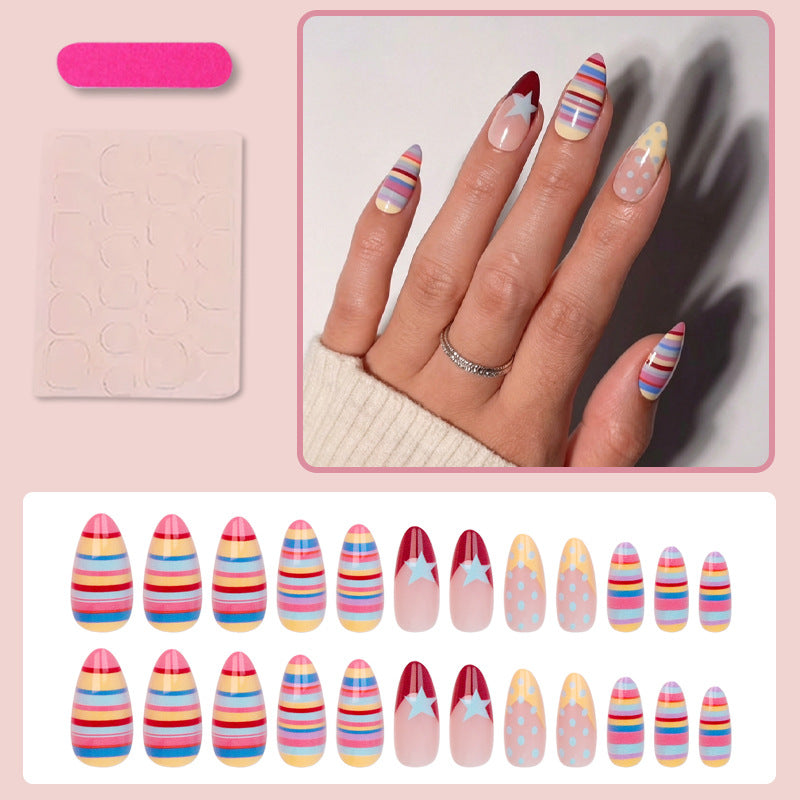 Artificial nail set with colorful stripes and creative designs Stornfield