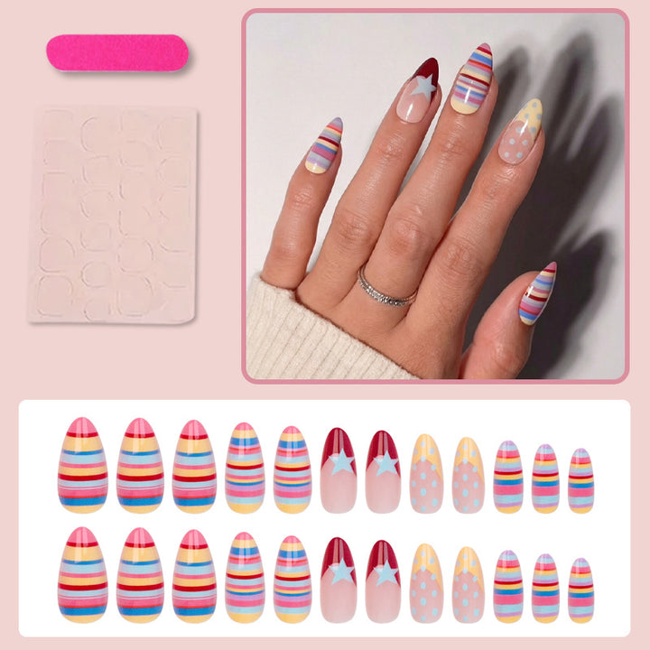 Artificial nail set with colorful stripes and creative designs Stornfield