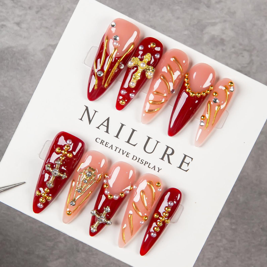 Artistic Stiletto Press-On Nail Set with Decorative Gem Accents