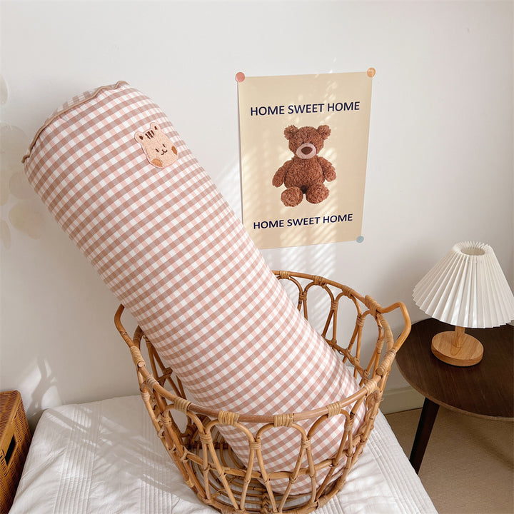 Gingham Bolster Nursery Pillow with Embroidered Daisy Appliqué Cotton Cover