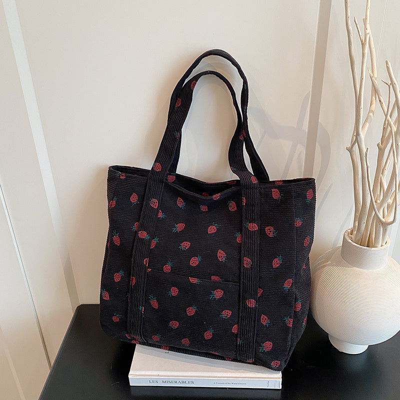 Playful Strawberry Print Corduroy Tote Bag Stornfield