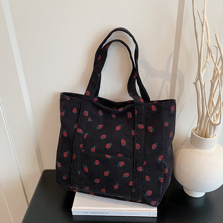 Playful Strawberry Print Corduroy Tote Bag Stornfield