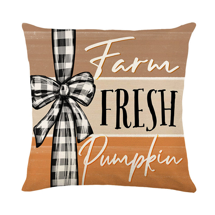 Rustic Farmhouse Autumn Pumpkin Linen-Cotton Throw Pillow Cover with Buffalo Check Bow Print