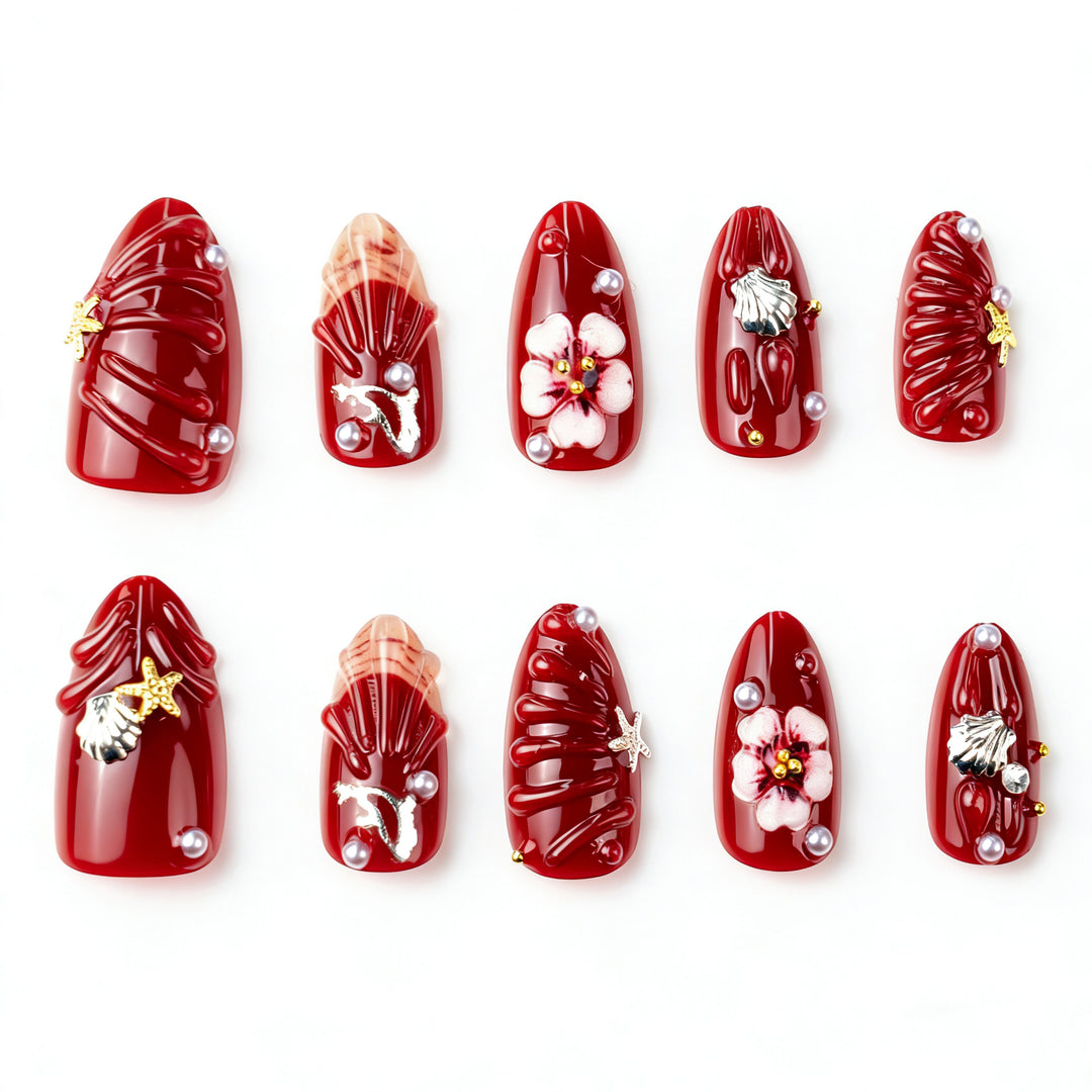 Artistic Press-On Nail Art Set with Floral and Shell Designs Stornfield