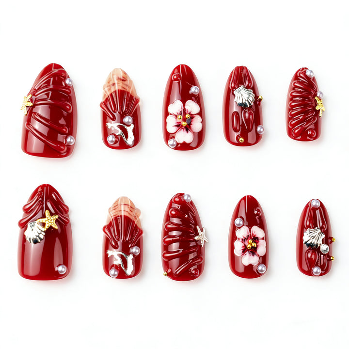Artistic Press-On Nail Art Set with Floral and Shell Designs Stornfield