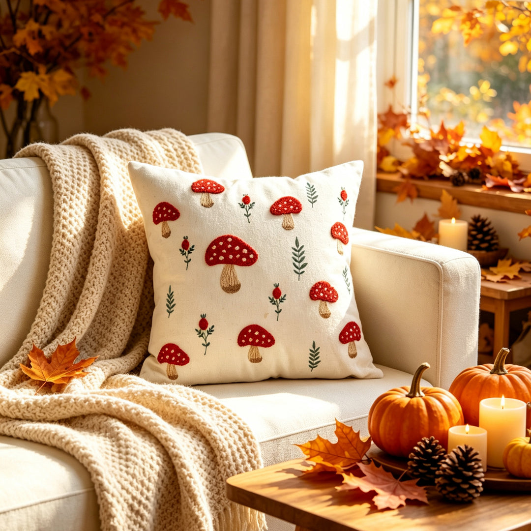 Square Embroidered Autumn Mushroom & Oak Leaf Textured Cotton-Linen Throw Pillow Cover with Hidden Zipper