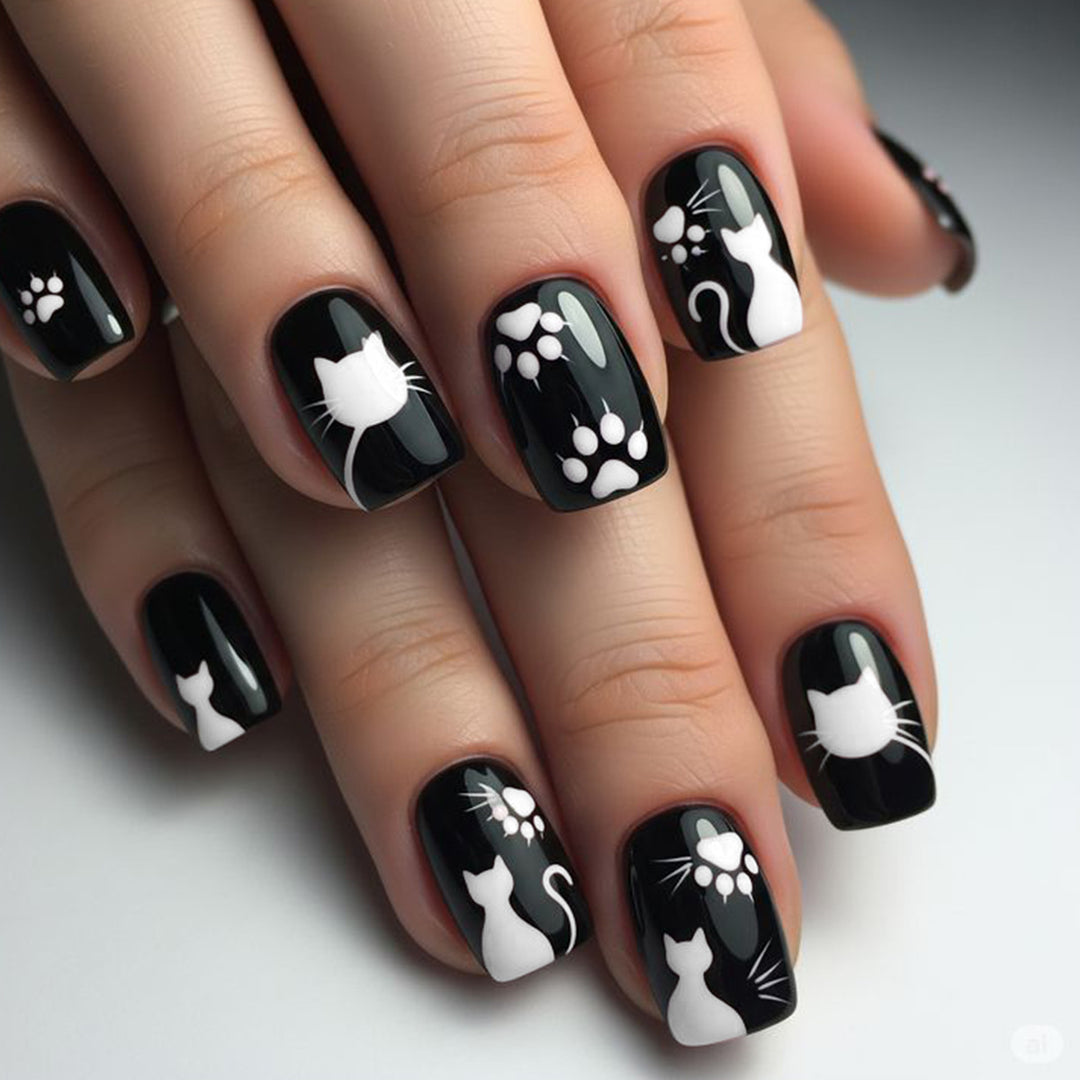 Whimsical Cat-Themed Press-On Nail Art Stornfield