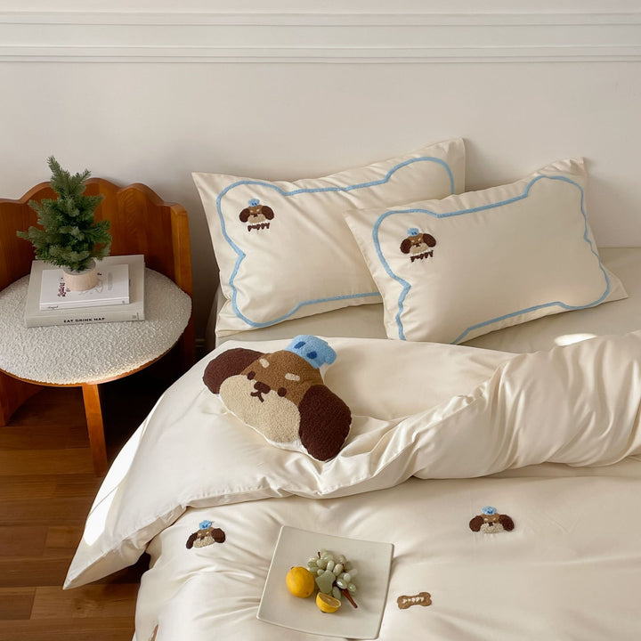 Embroidered Teddy Appliqué Cotton Duvet Bedding Set with Blue Piped Trim
