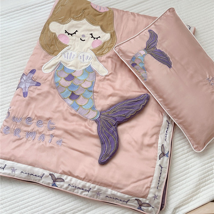 Kids Mermaid Appliqué Embroidered Duvet Cover and Pillowcase Set