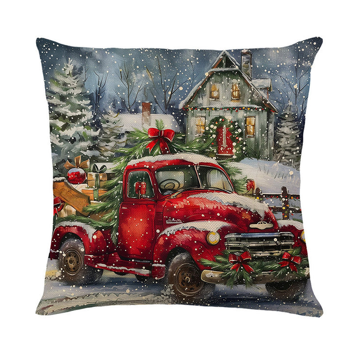 Festive Cotton-Linen Square Throw Pillow Cover with Snowman Winter Village Print and Concealed Zipper