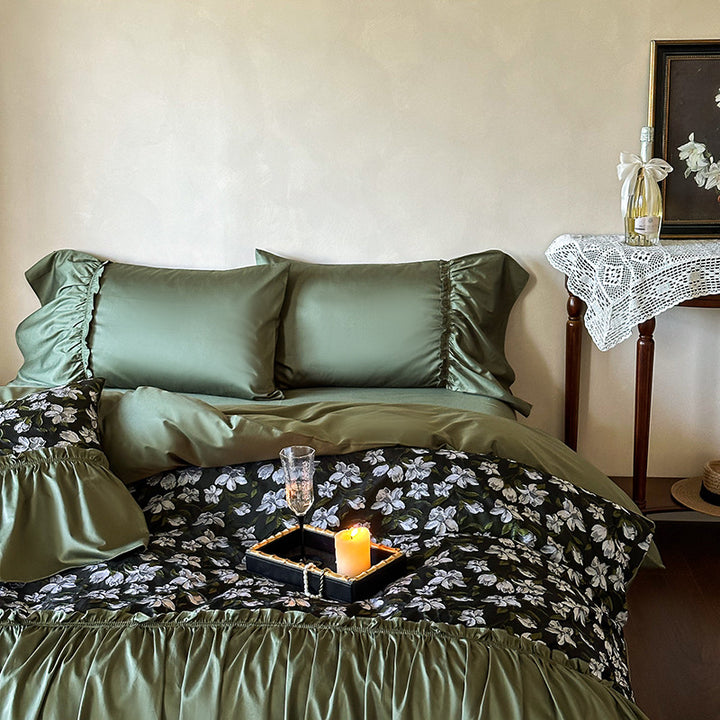 Ruffled Reversible Satin-Feel Duvet Cover Set with Floral Panel and Gathered Bed Skirt
