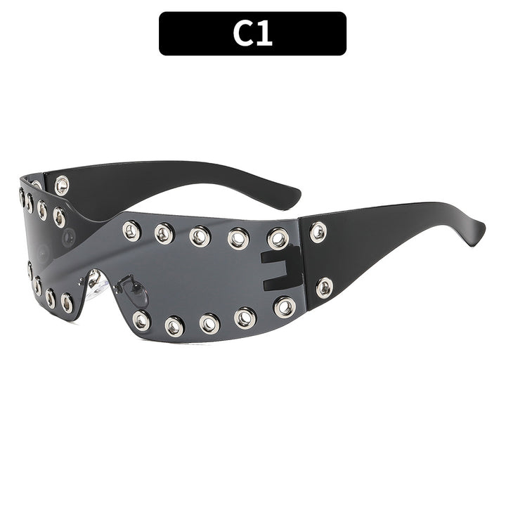 Futuristic Transparent Shield Sunglasses with Decorative Metal Accents