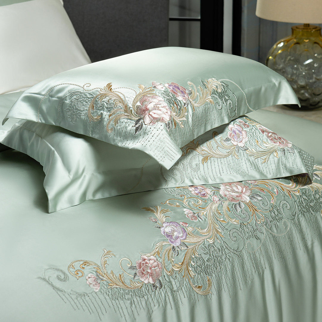 Silk-Look Botanical Embroidered Duvet Cover Ensemble with Decorative Pillow and Euro Shams