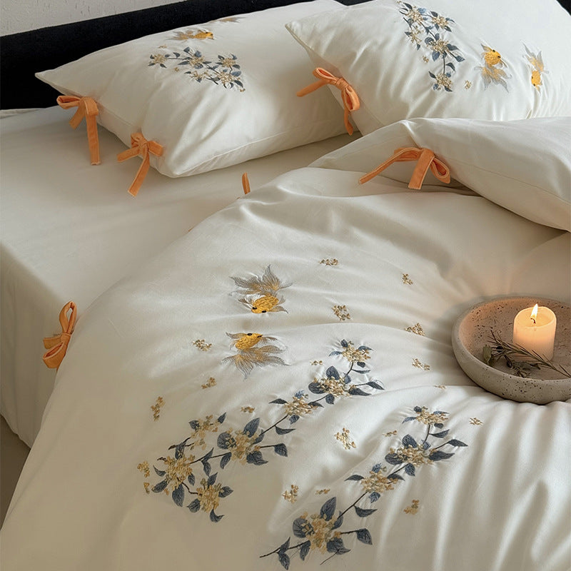 Embroidered Cotton-Sateen Duvet Cover Set with Goldfish Motif and Tie-Bow Closures