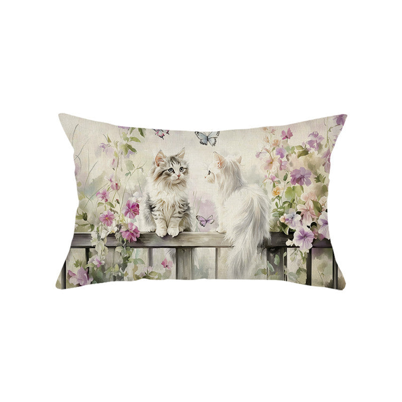 Decorative Rectangular Cotton-Linen Pillow Cover with Kitten Garden Illustration