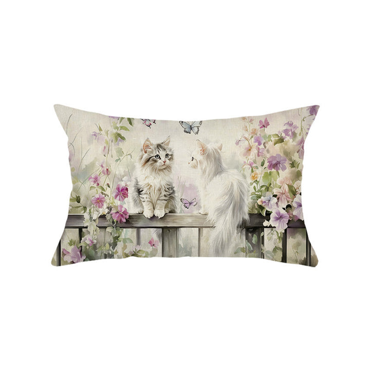 Decorative Rectangular Cotton-Linen Pillow Cover with Kitten Garden Illustration