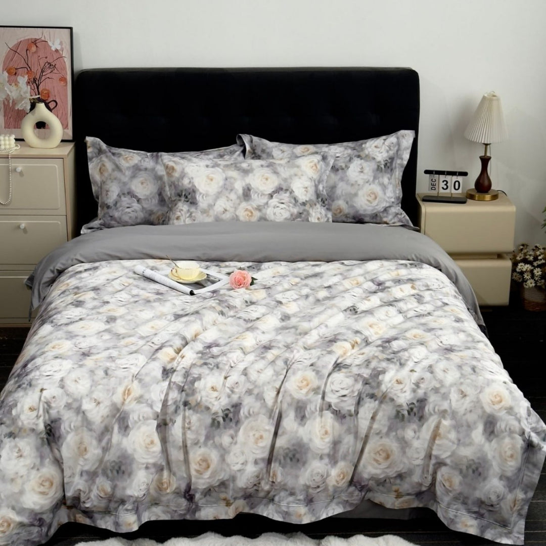 Satin bedding set with delicate floral and butterfly print and reversible function