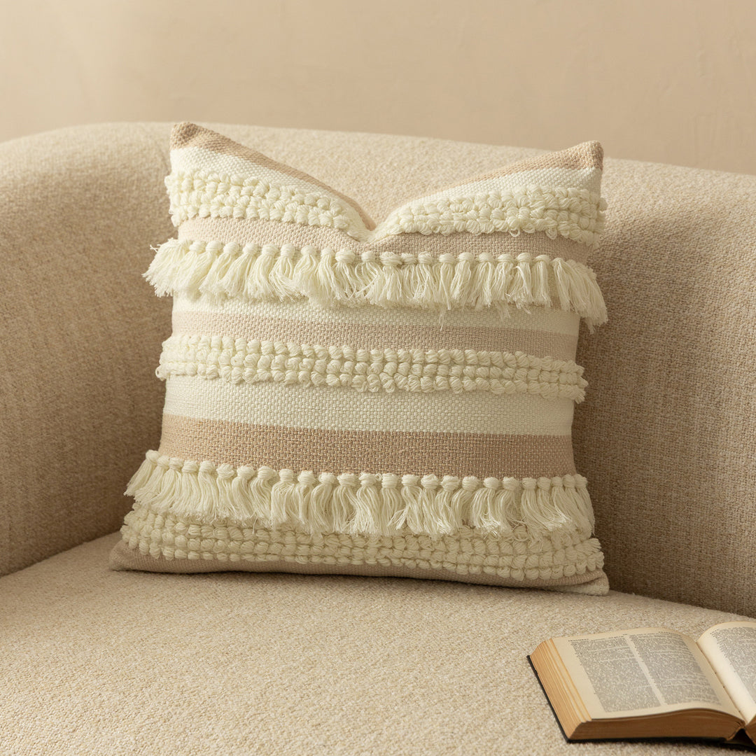 Decorative woven cushion cover with fringes and textured striped design Stornfield