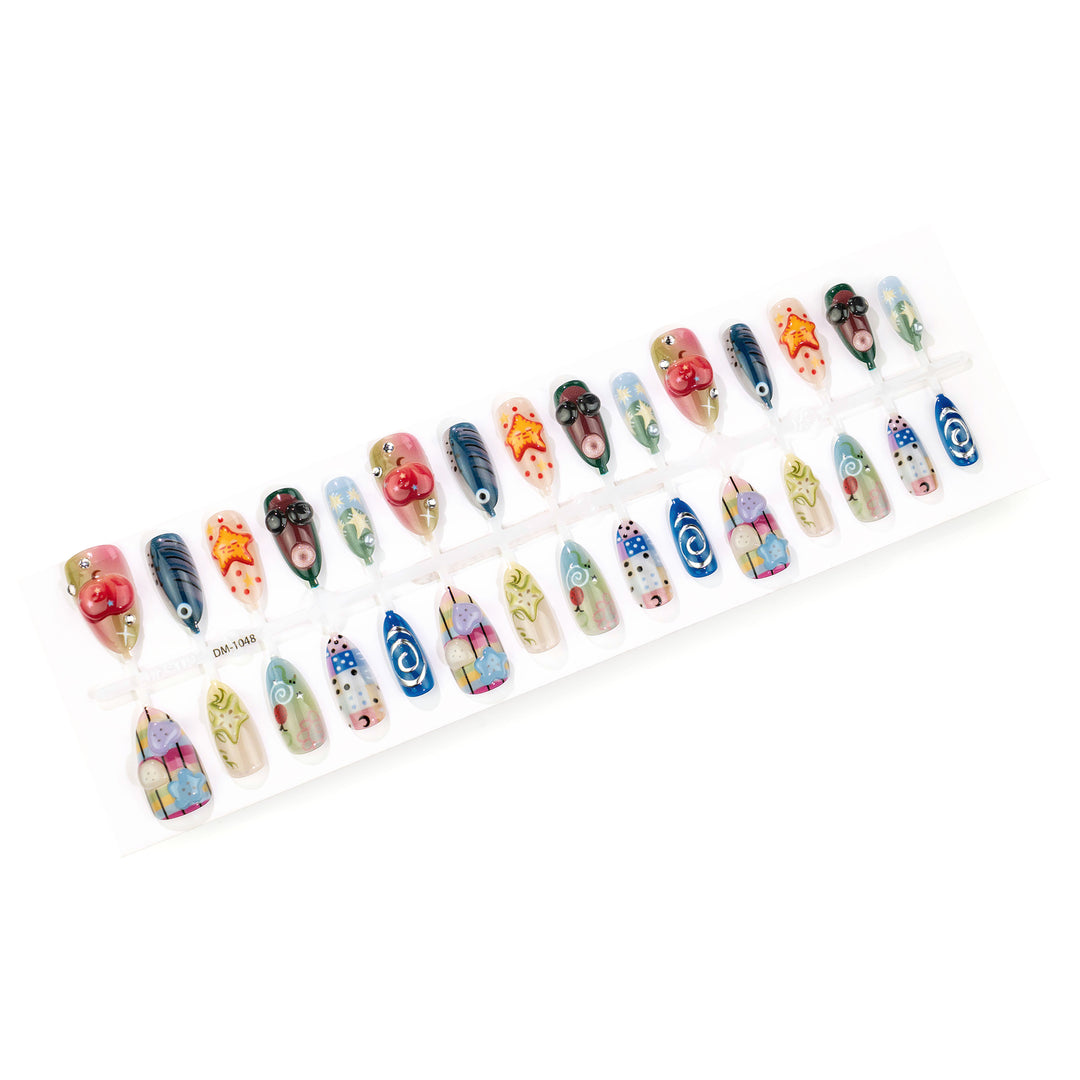 Artistic Press-On Nail Set with Playful Designs Stornfield
