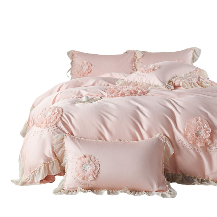 Romantic Ruffled Floral Applique Satin-Feel Duvet Cover Set