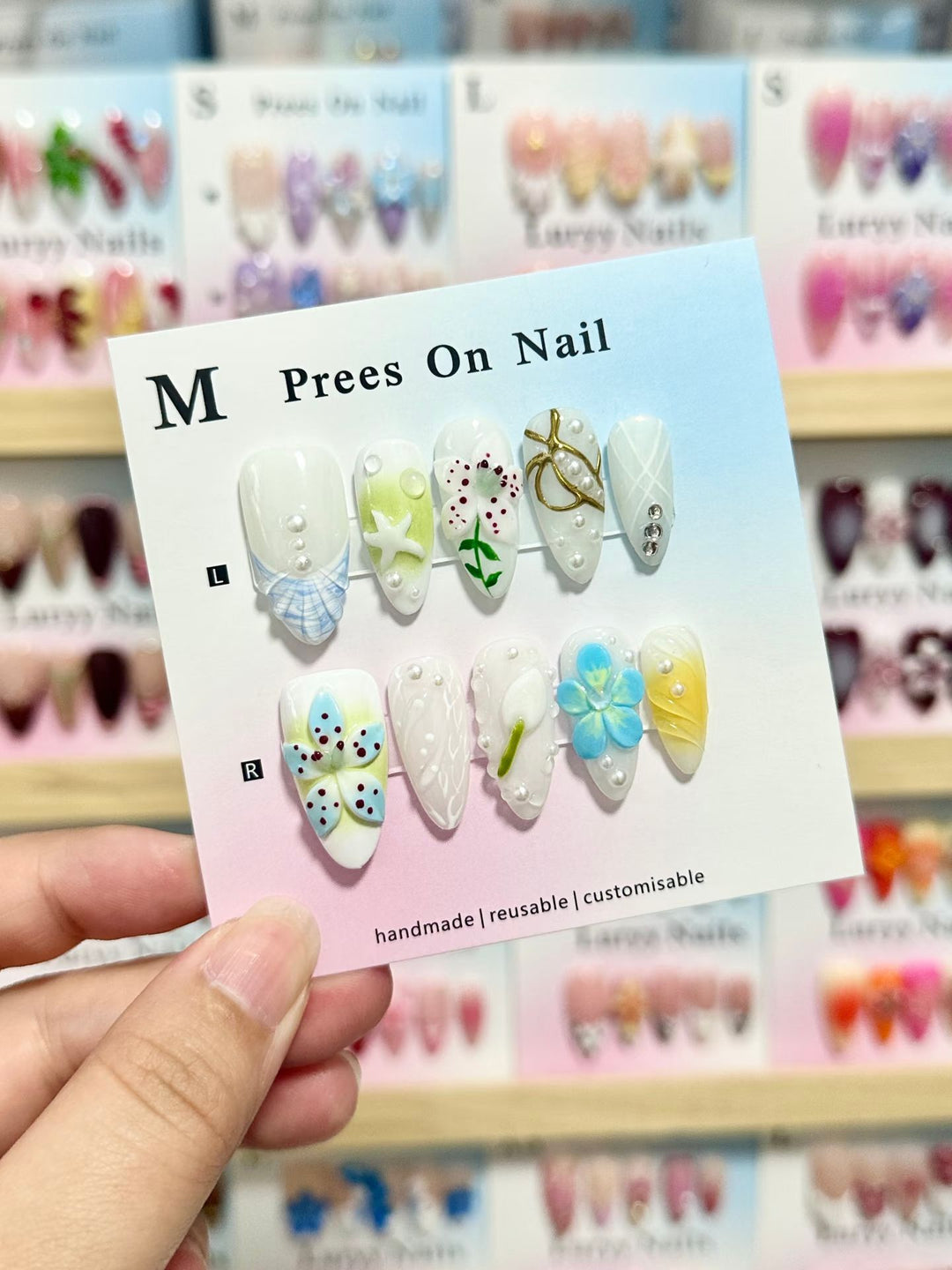 Artistic Press-On Nail Art Set with Floral and Gem Accents  1791774696