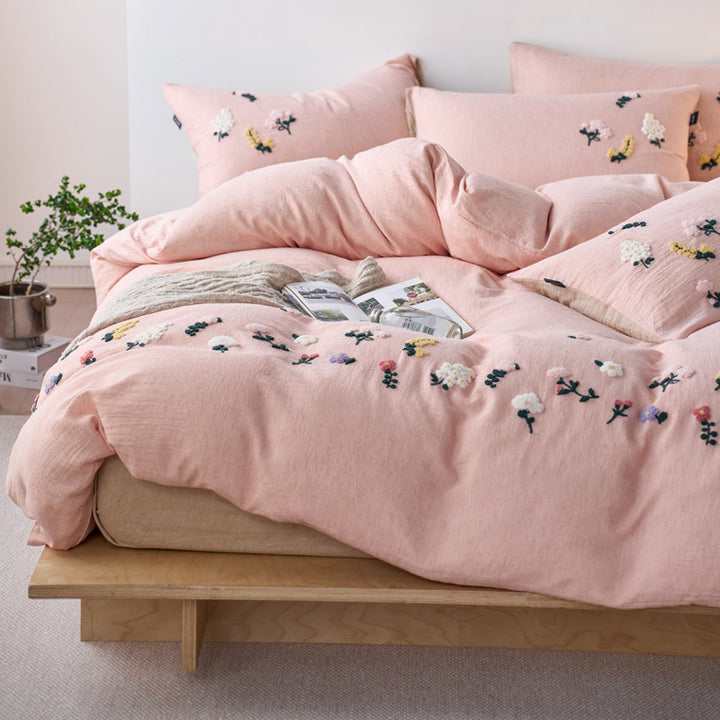 Hand-Tufted Floral Appliqué Linen Duvet Cover and Pillow Sham Set