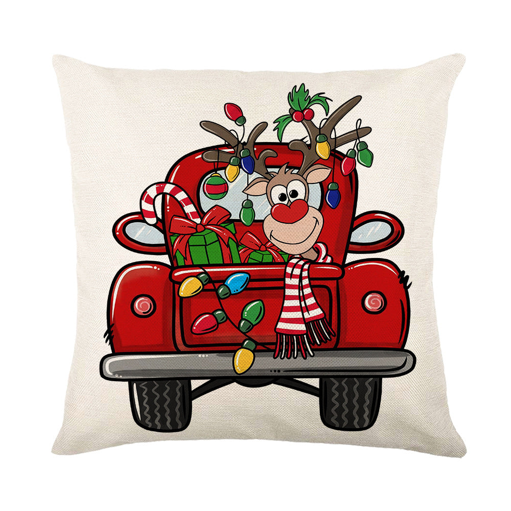 Holiday Linen Throw Pillow Cover with Merry Bright Script and Ribbon Bow Accent