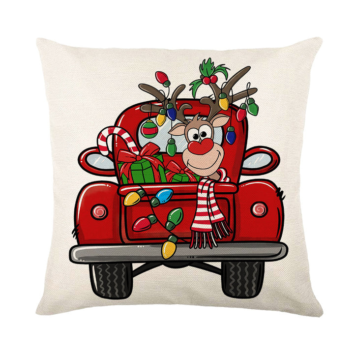 Holiday Linen Throw Pillow Cover with Merry Bright Script and Ribbon Bow Accent